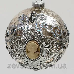 Елочный шар - античное серебро с камеями,  8 см