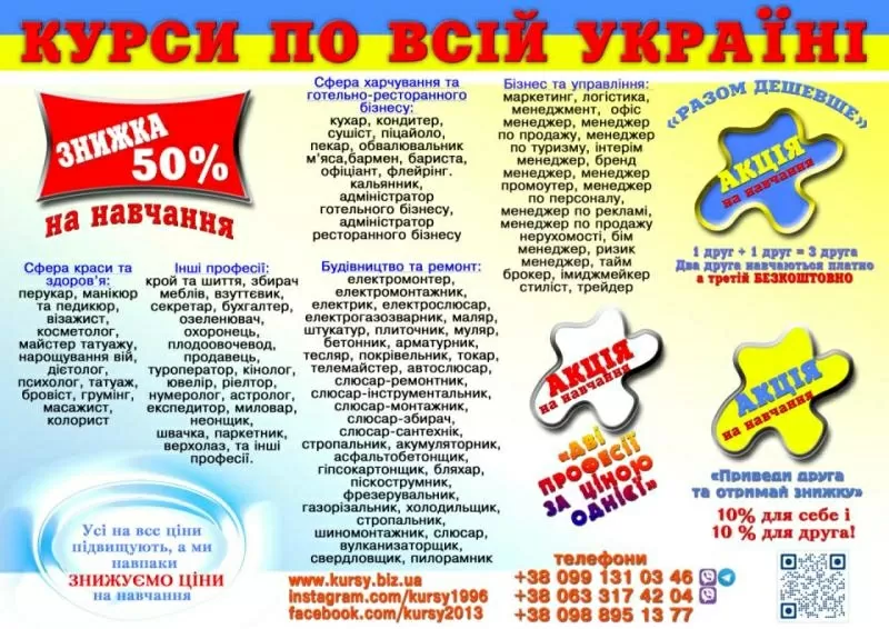 Курси бариста,  продавца,  кінолога,  телемайстера,  шугарінга,  гипсокарто